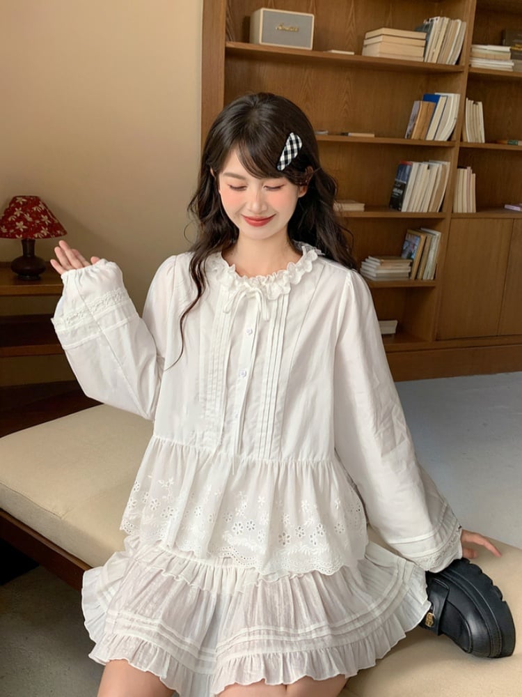 Self-tie Ruffle Neckline White Pleating Hem Blouse Details Lace