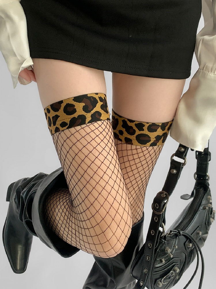 Fishnet Leopard Stockings Cuff Black with Print