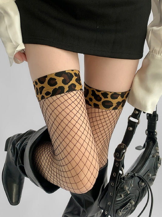 Fishnet Leopard Stockings Cuff Black with Print