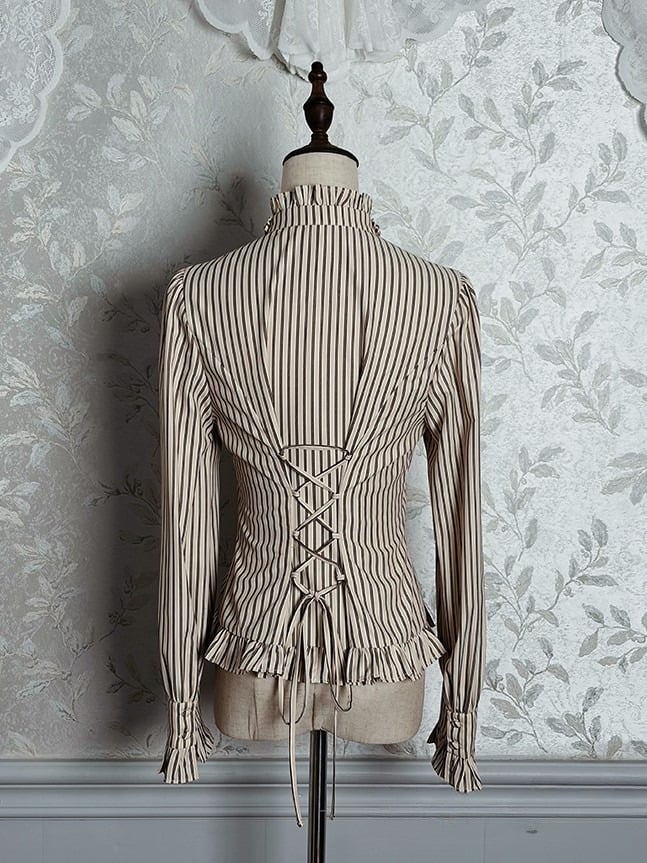 Ruffled Lolita Tie with Brown Bow Blouse Striped