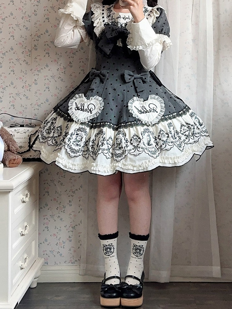 Sweet Rabbit Gray Polka Dot Pattern Sweetheart Lolita Detachable Dress Bonnet + with Sleeves Set Appliques