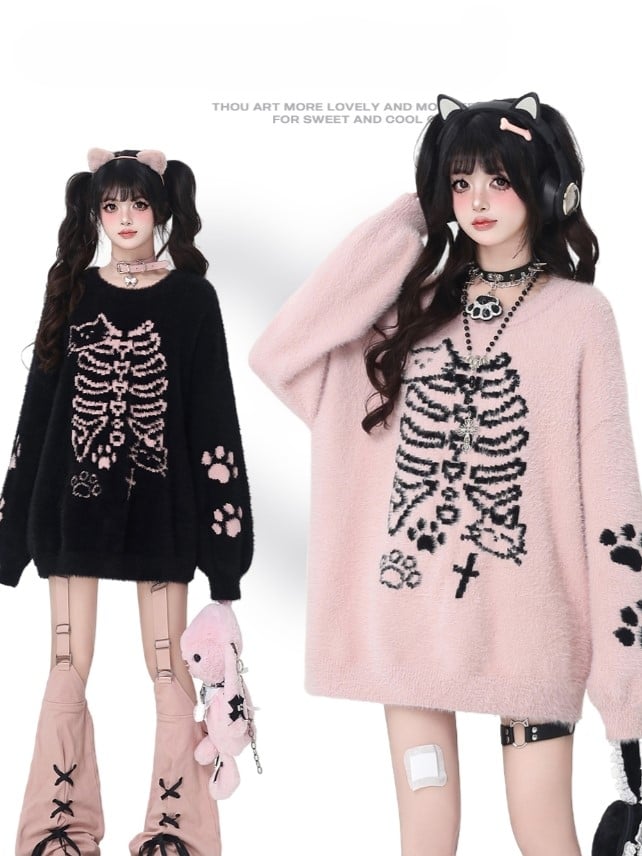 Black/Pink Fuzzy Cat  Paw Pattern Sweater