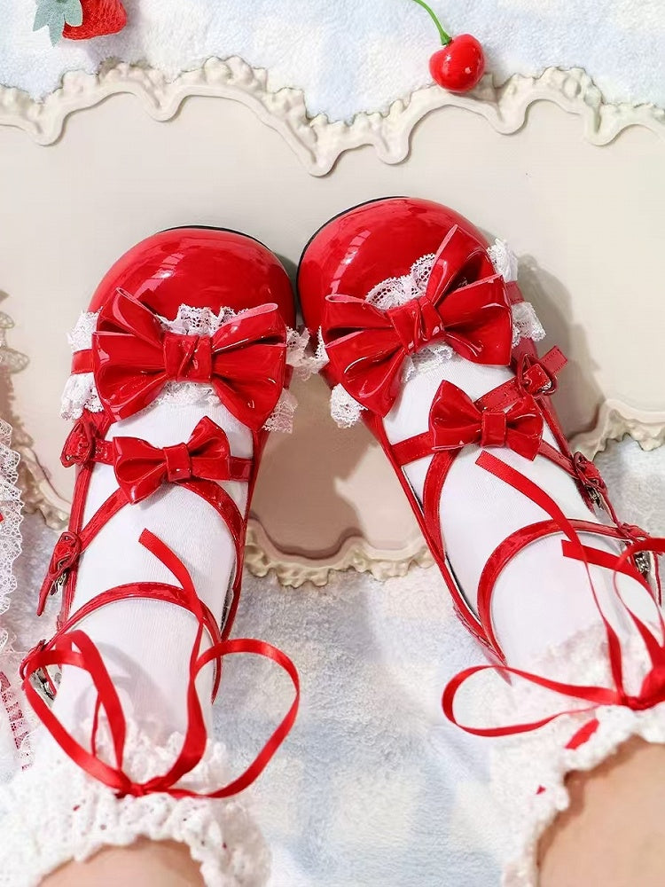 Round Toe Janes for Details Accents Lolita Mary - Mid-heel with Red Heel Cat-shaped Bow Lace