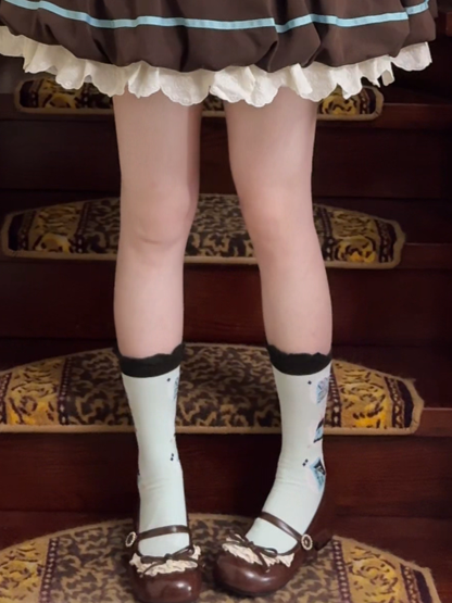 Mint Print Jelly Cake Chocolate Lolita Calf Socks Green