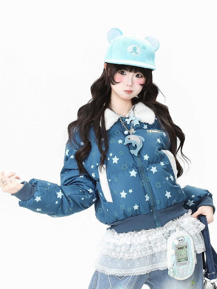 Blue Closure Off-white/Dark Pattern Blouson Star with Daily Kawaii Fleece-lined Jacket Zipper