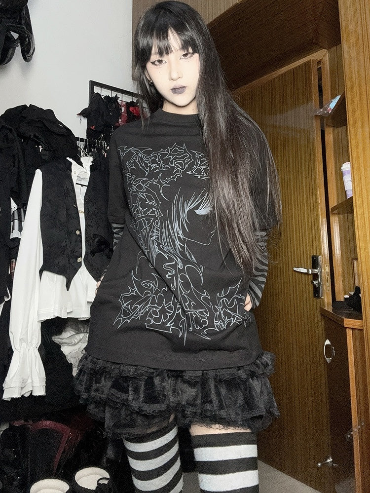 ブラック エモ パンク ガール ストライプ スリーブ グラフィック Tシャツ