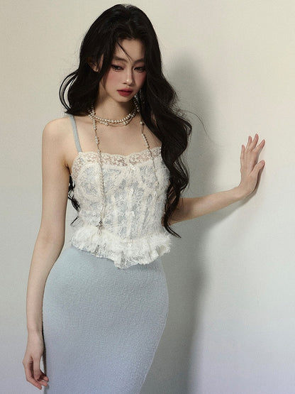 ブルークロシェレースコルセットボディスレースパッチワークマーメイドスカートマキシドレス