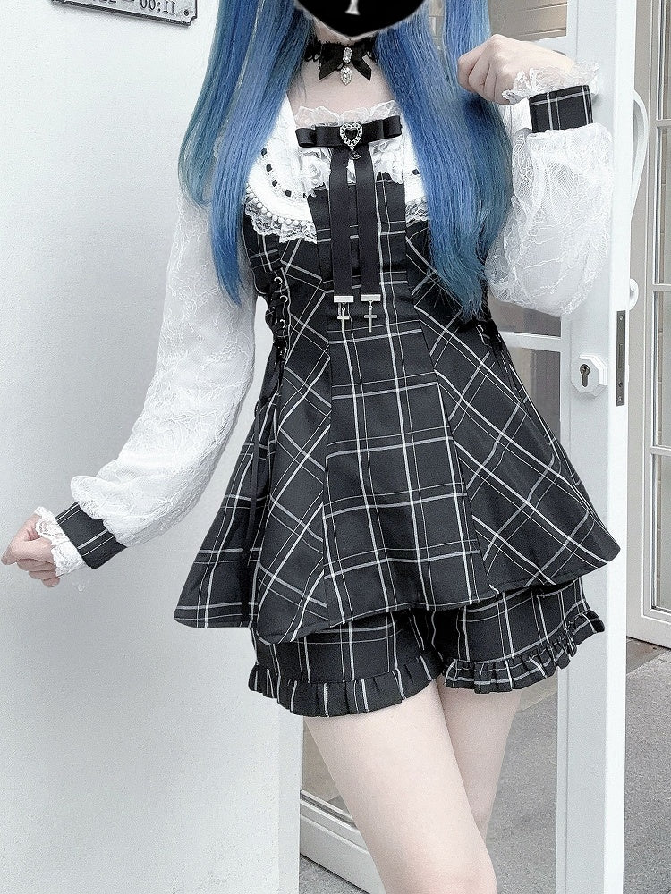 Kei Plaid Set: Matching Black Tie Jirai Shorts with Mini Dress Two-Piece Collar Beaded Waist / Side