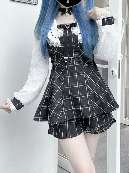 Kei Plaid Set: Matching Black Tie Jirai Shorts with Mini Dress Two-Piece Collar Beaded Waist / Side