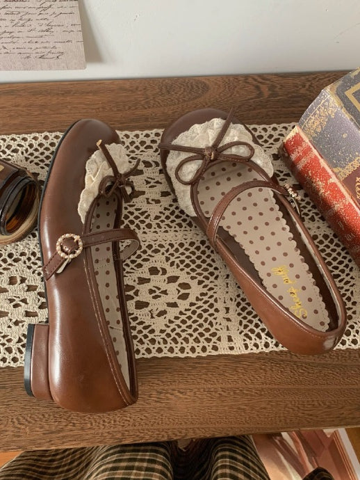 Schleife Trim Toe Brown Heels Mary Janes Runde Spitze Akzent 2,2 CM Dunkel Geknotet