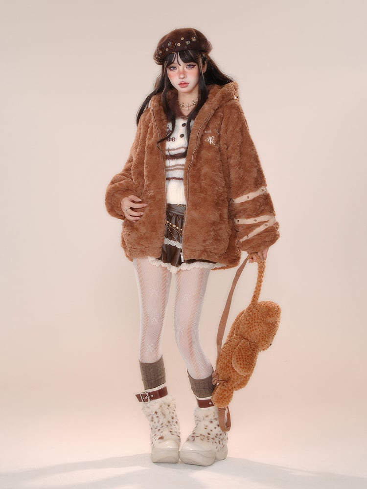 Brown Pink Bunny Ear Thick Zip Hooded Teddy Coat