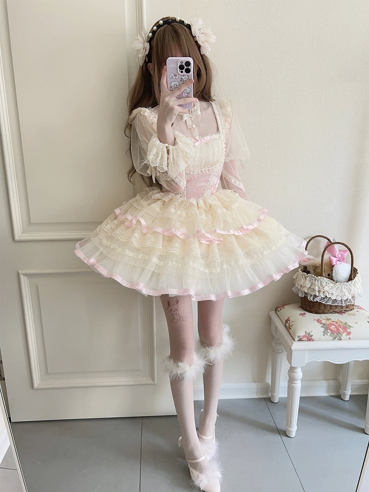 Waist Balletcore Print Bows Jumper Pink Skirt Basque Lolita