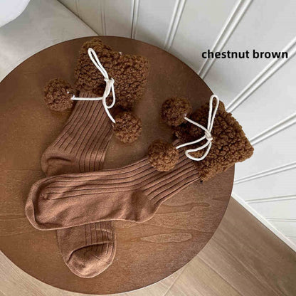 Lolita-Baumwollsocken mit Fleece-Bündchen und Pompons