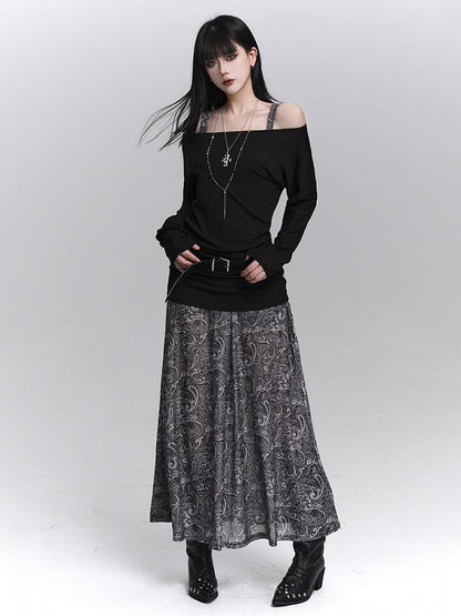 Ensemble with Top Off-Shoulder Dress Sleeveless Black Floral Gothic