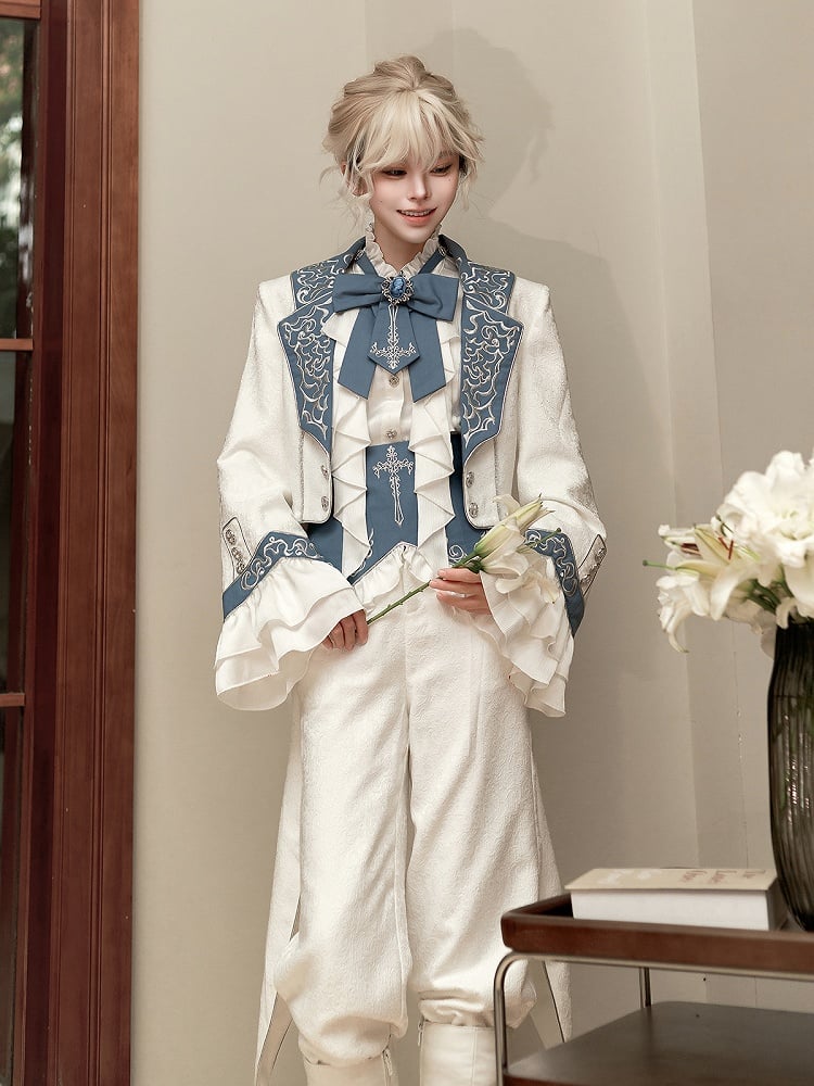 Belt+Pants Coat+Shirt+Corset Pieces Split-Tail Four Ouji Set-BlueWhite Lolita Prince