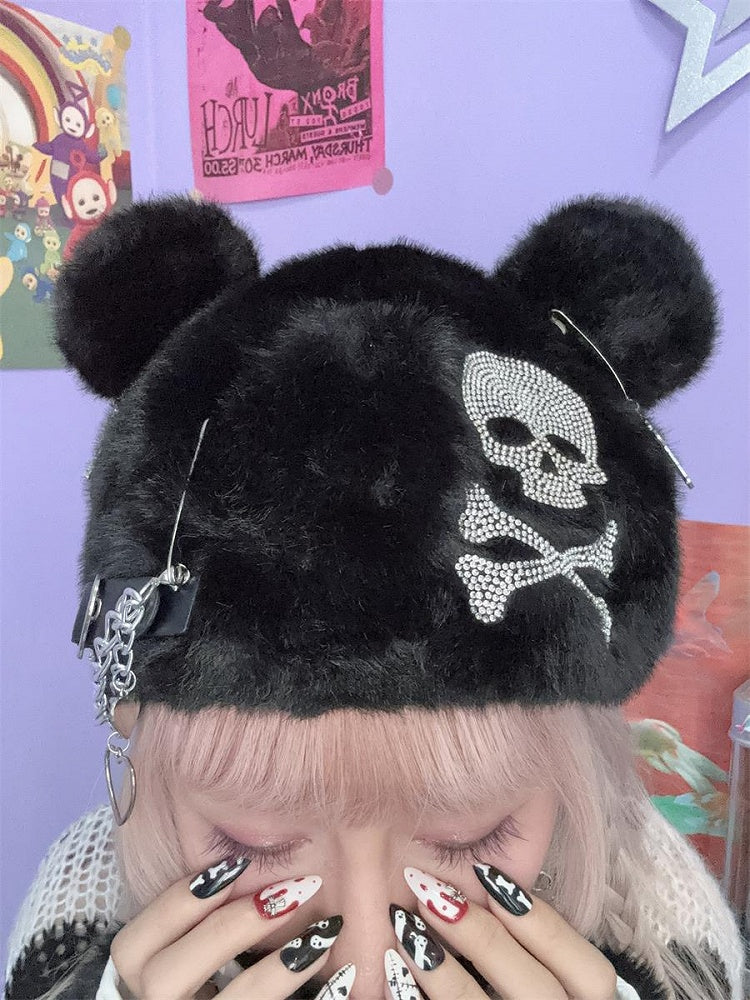 Schwarze Mütze mit Skelett-Strass und Bärenohren