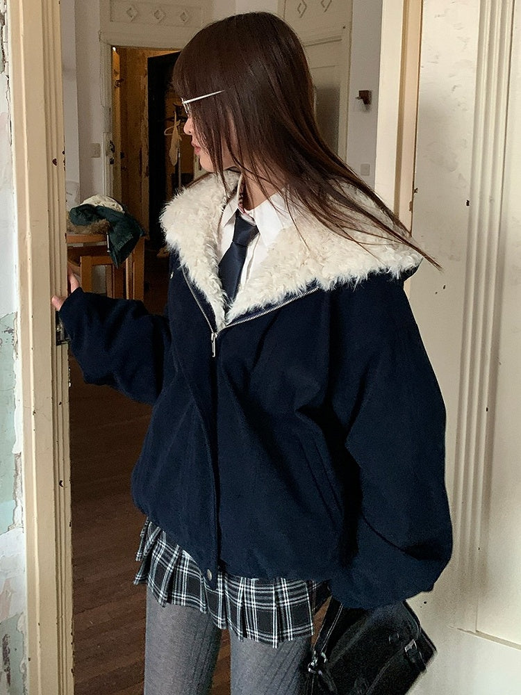 - Front Jacket Interior Hooded Dark Fleece Zipper Blue Cozy