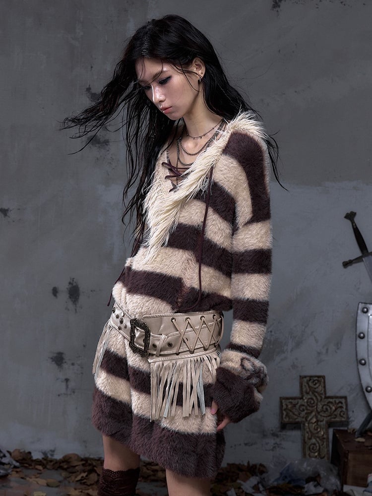 Fringes Lacing with Punk Waist Belt Vintage Crisscross Studded PU Khaki