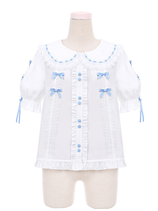 ブルーの蝶結び、ホワイトのピーターパンカラー、レーストリムのスイートロリータブラウス