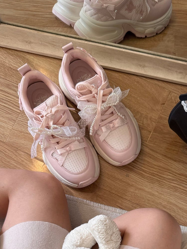 Front Lace-up Details Ties Sneakers Bowknot Decorated Beaded Pink