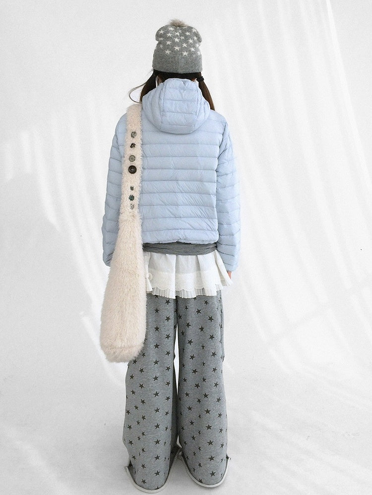 Teardrop Pattern Zipper Jacket with Blue Front Down Hooded - Star Ribbed