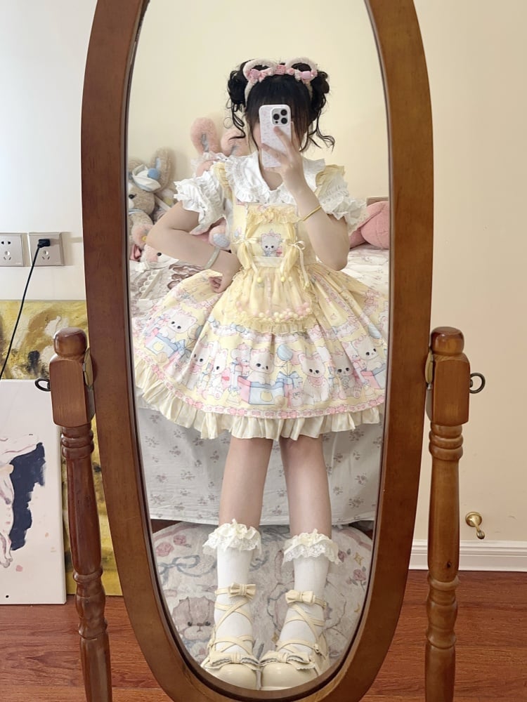 Kleid Süße Gelbe Overall Lolita Kitty Polka Muster Druck Punkte und