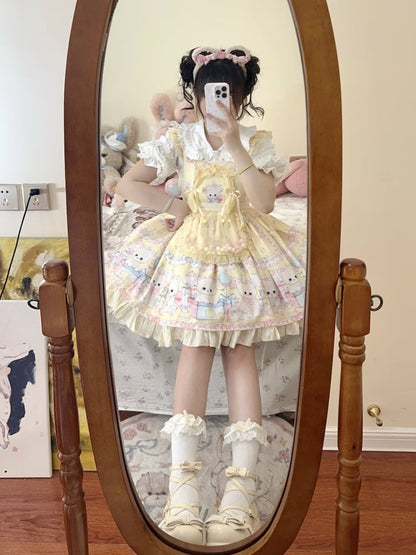 Dress Sweet Yellow Overall Lolita Kitty Polka Pattern Print Dots and