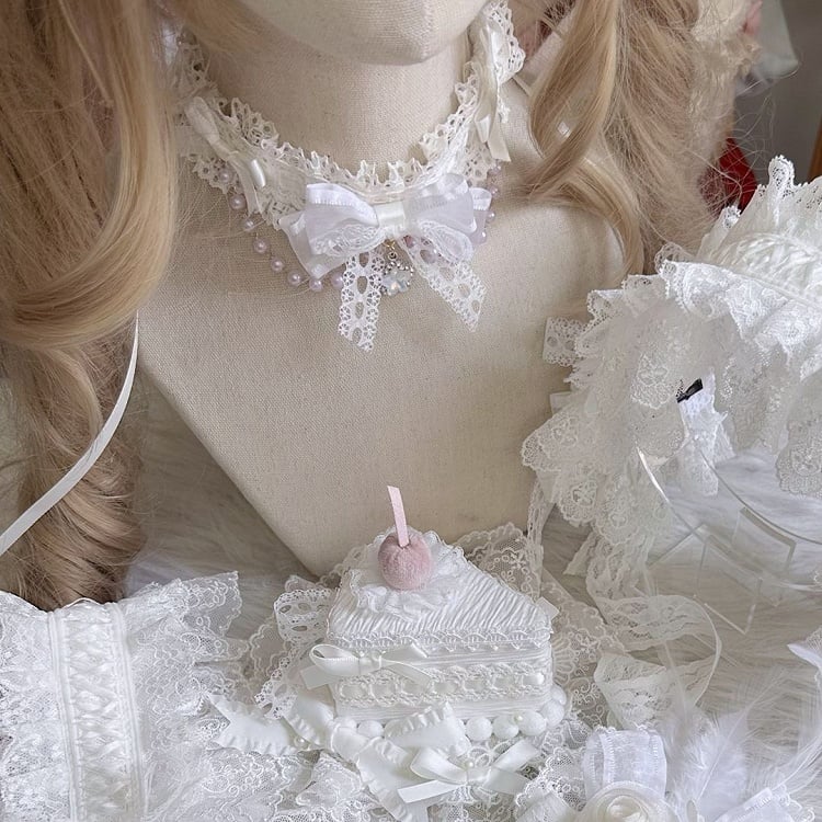 Lace White/Black Chain Bead with Bow and Choker