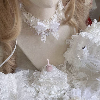 Lace White/Black Chain Bead with Bow and Choker