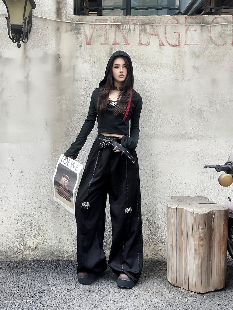 丈長めのフロア ブラック メタル ドラゴン ニー ワイドレッグ パンツ