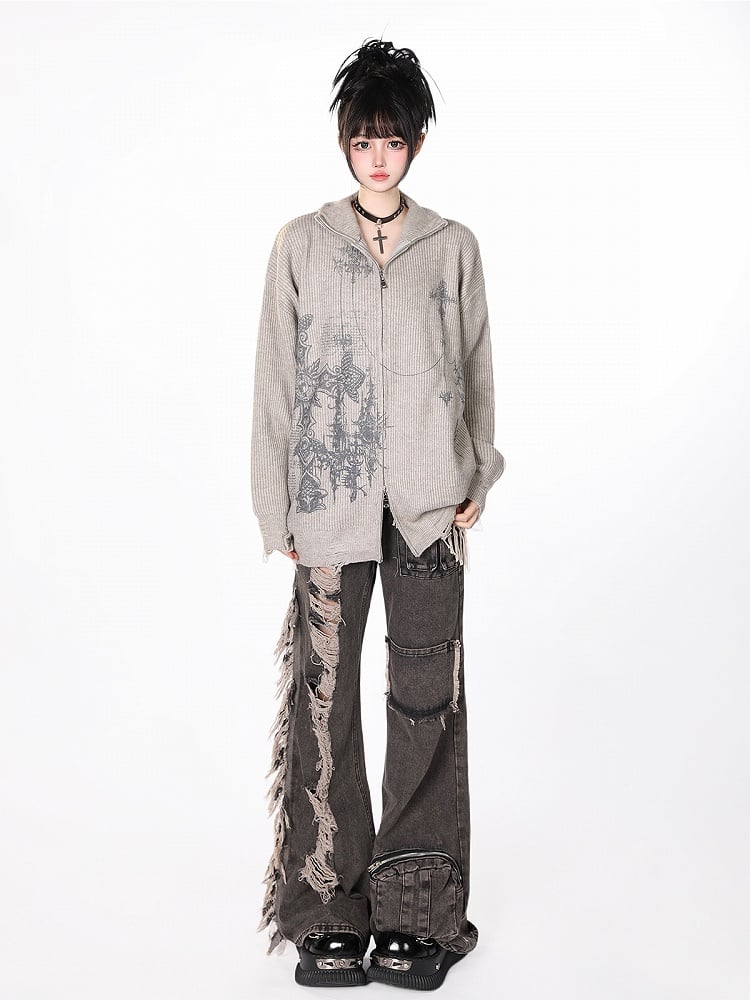 Edgy Gothic Cross Print Gray Distressed Oversized Cardigan Sweater