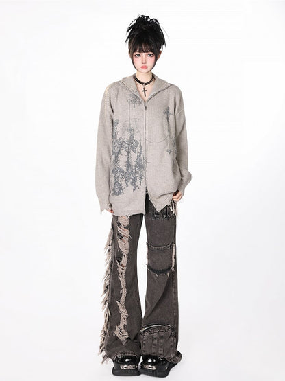 Edgy Gothic Cross Print Gray Distressed Oversized Cardigan Sweater