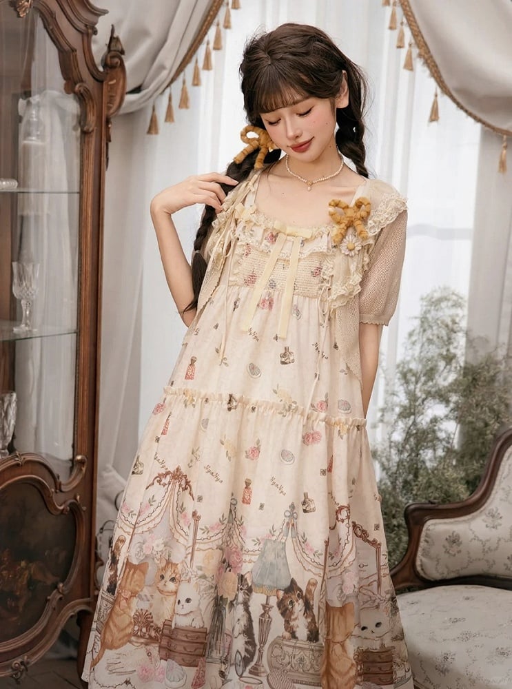 Beige Cat Print High Waist Sweet Lolita Jumper Skirt - NyaNya