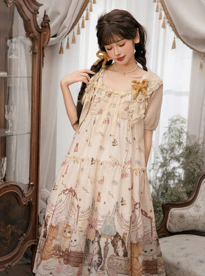 Beige Cat Print High Waist Sweet Lolita Jumper Skirt - NyaNya