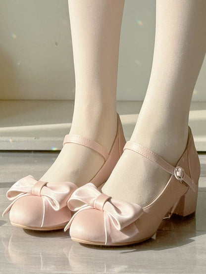 PU Silk Sakura Pink Elegant Lolita Mid-heel Mary Janes with Bow Accent & Circular Snap Closure