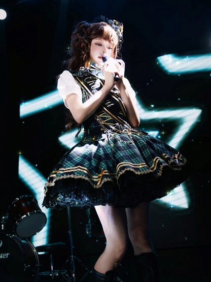 Green Idol Lolita Plaid JSK Dress with Golden Bear Embroidery and Black Scalloped Hem - LiLi Chain
