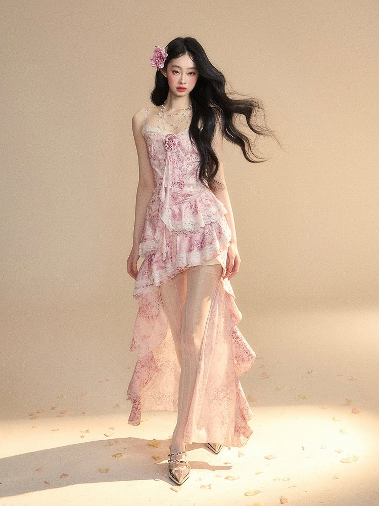 Ruffle Dress Slip Trim Cascading Gown Skirt Pink Tiered High-low