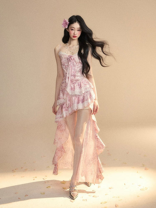 ラッフルドレス スリップトリム カスケードガウンスカート ピンク ティアード ハイロー