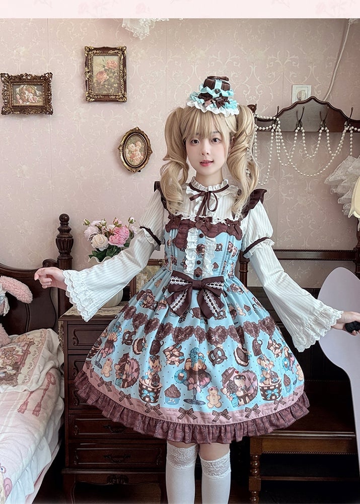 Lolita Dress Sleeves Vintage Teddy Bear Print Sweet  Flutter Mint Green JSK