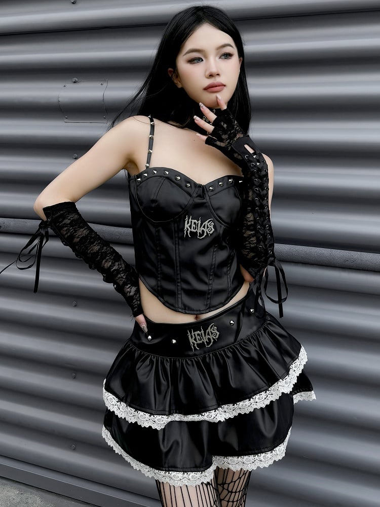 Black Studs Design Punk Rock High Waist Tiered Mini Skirt Lace Trim