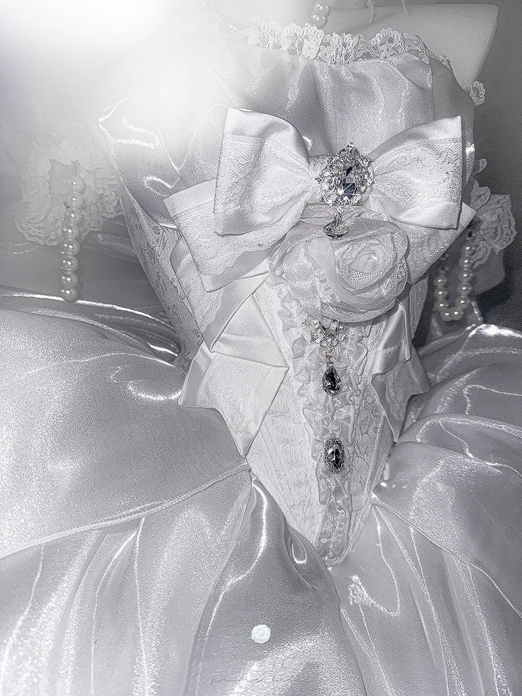 Rhinestones Balletcore Puffy Skirt White with Decorated Set Boned Corset Waist Strapless Top