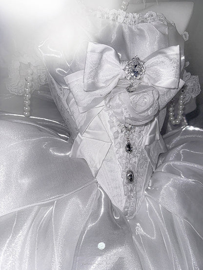 Rhinestones Balletcore Puffy Skirt White with Decorated Set Boned Corset Waist Strapless Top