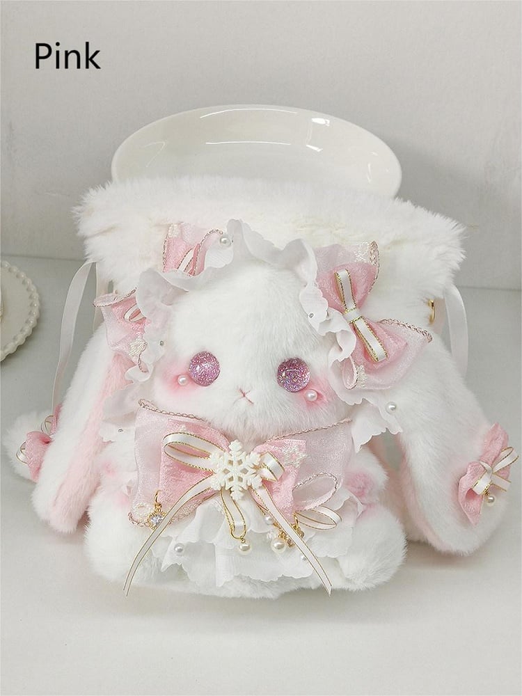 with Strap 5 Colors Accents Plush Flower Bag Bowknot Convertible Size Small Bucket Bunny White -