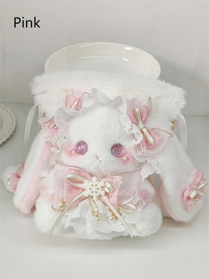 with Strap 5 Colors Accents Plush Flower Bag Bowknot Convertible Size Small Bucket Bunny White -