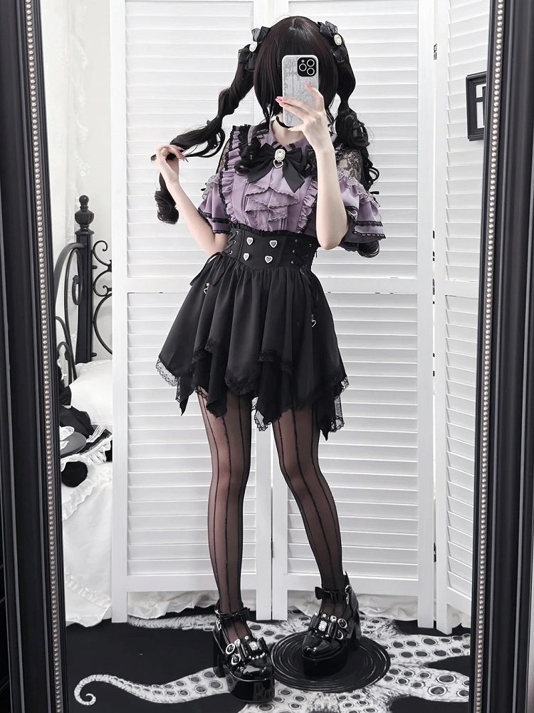 Black and Purple Lace Cut-Out Shoulder Butterfly Sleeve Blouse with Bow Tie - Dream Core Waves