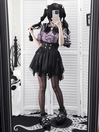 Black and Purple Lace Cut-Out Shoulder Butterfly Sleeve Blouse with Bow Tie - Dream Core Waves