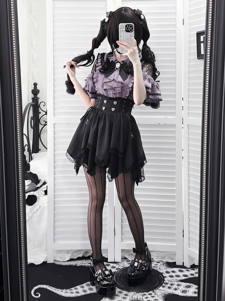 Black High-Waist Asymmetrical Hem Lace Trim Skirt - Dream Core Waves