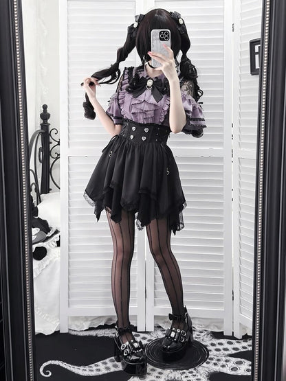 Black High-Waist Asymmetrical Hem Lace Trim Skirt - Dream Core Waves