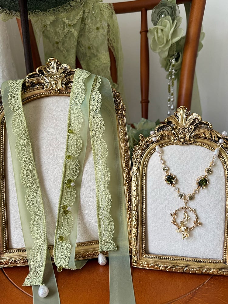 Green Self-Tie Choker with Beaded Necklace - Nine Odes