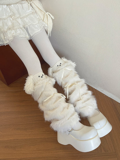 Leg Fur Bow Satin White Faux Accents Warmers with